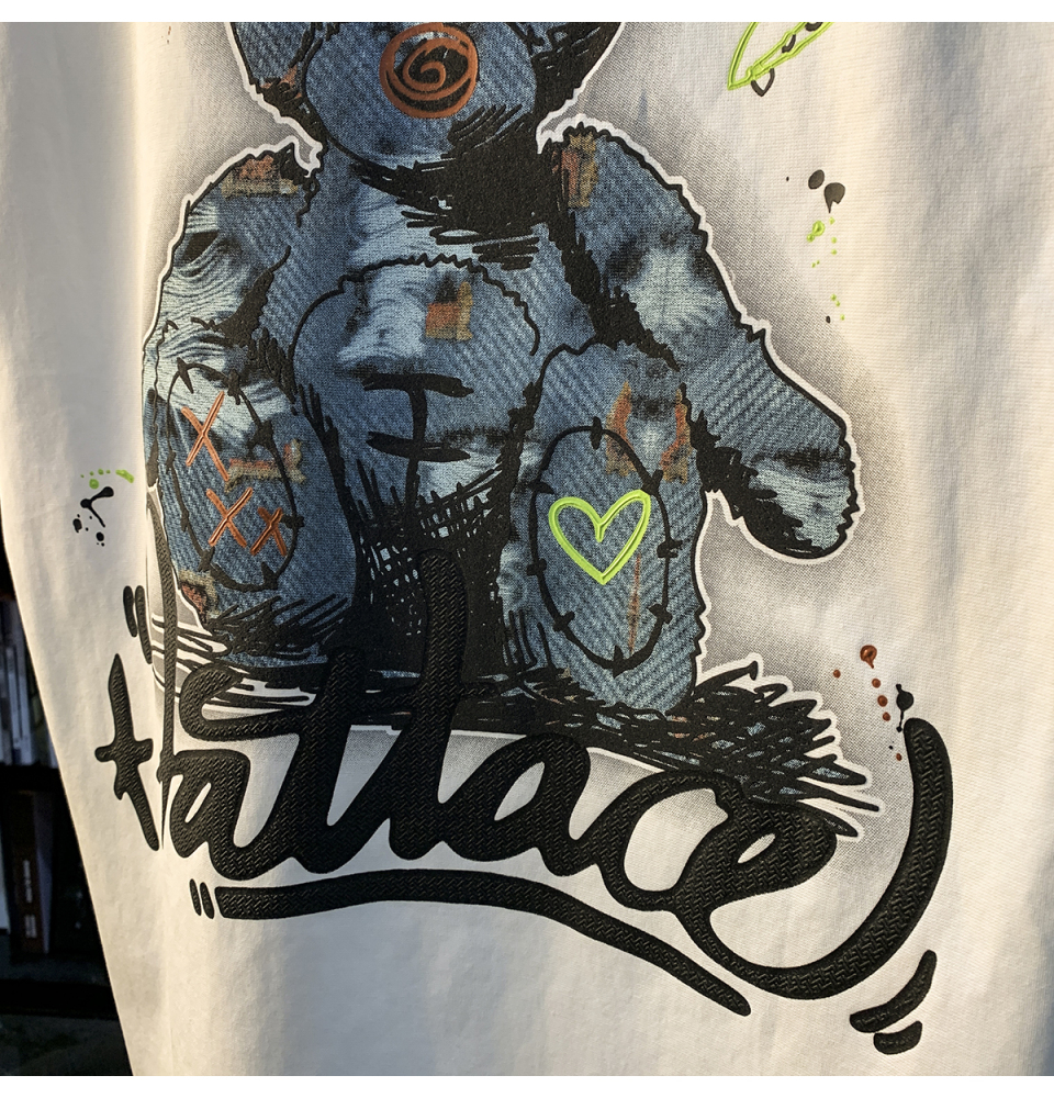 GorgeousBen  American trendy cartoon painted teddy bear embroidered short sleeved T-shirt for men's summer new trendy ins half sleeved round neck top.