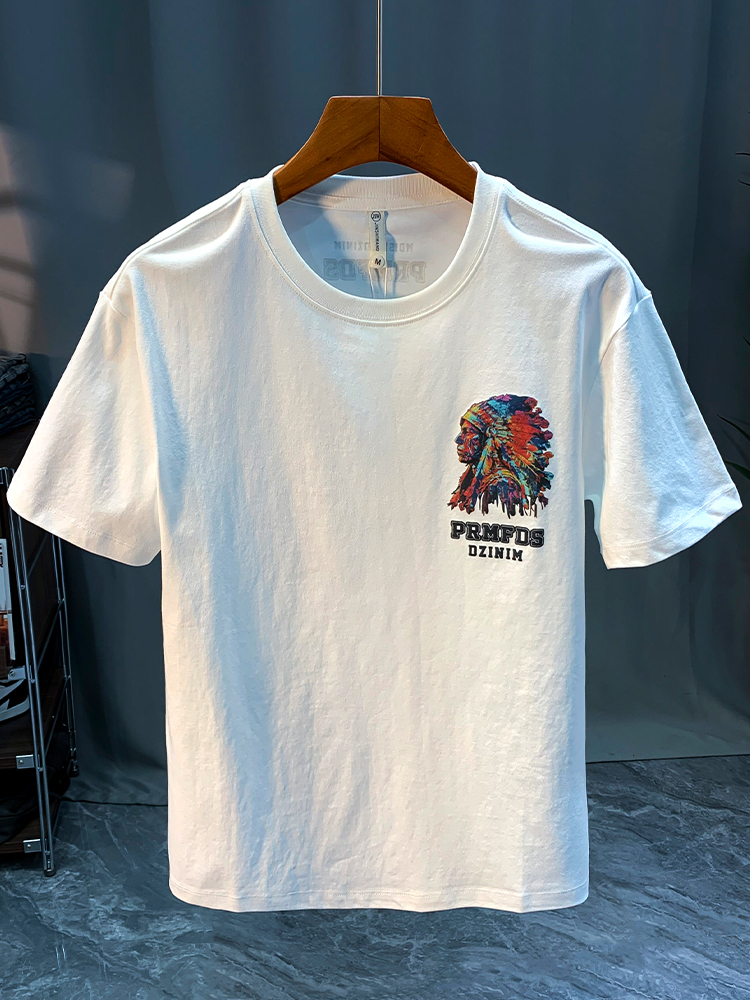 GorgeousBen American heavyweight T-shirt 2025 summer thin Indian print trendy short sleeved round neck versatile men's clothing.