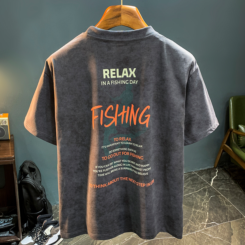 GorgeousBen Summer short sleeved T-shirt men's shoulder down round neck printed trendy casual T-shirt versatile heavyweight breathable design top.