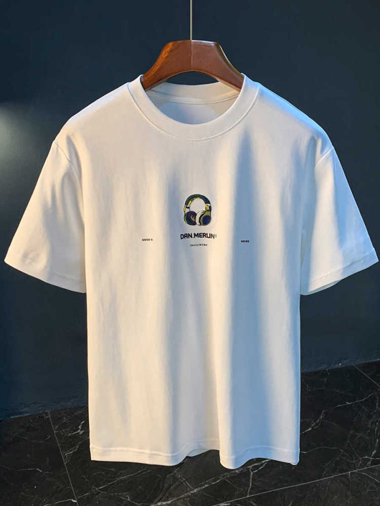 GorgeousBen Summer new short sleeved men's T-shirt loose white printed high-end half sleeved top embroidered hanging heavy weight T-shirt.