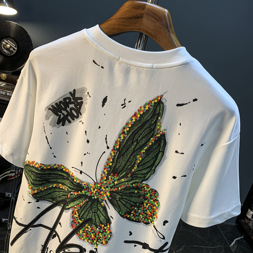 GorgeousBen Mottled butterfly counter high-end pure cotton heavyweight short sleeved T-shirt men's new top loose half sleeved T-shirt men.