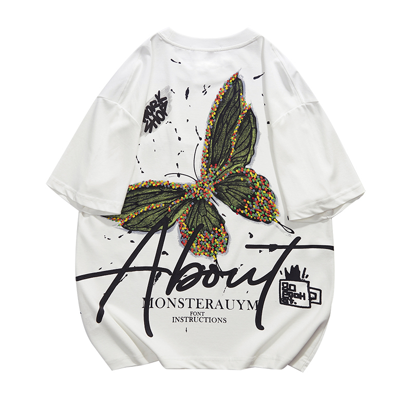 GorgeousBen Mottled butterfly counter high-end pure cotton heavyweight short sleeved T-shirt men's new top loose half sleeved T-shirt men.