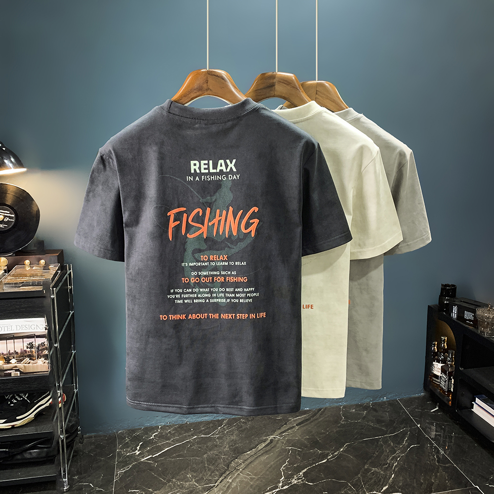 GorgeousBen Summer short sleeved T-shirt men's shoulder down round neck printed trendy casual T-shirt versatile heavyweight breathable design top.