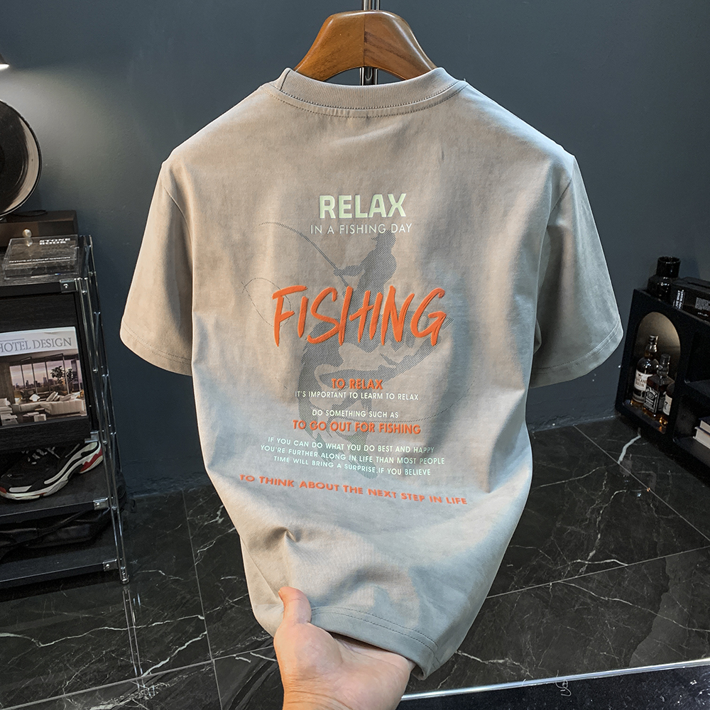 GorgeousBen Summer short sleeved T-shirt men's shoulder down round neck printed trendy casual T-shirt versatile heavyweight breathable design top.
