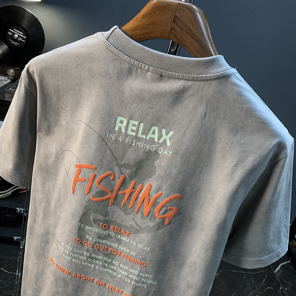 GorgeousBen Summer short sleeved T-shirt men's shoulder down round neck printed trendy casual T-shirt versatile heavyweight breathable design top.