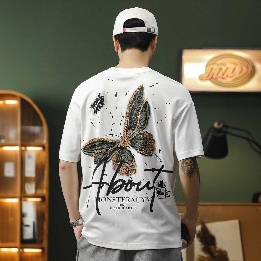 GorgeousBen Mottled butterfly counter high-end pure cotton heavyweight short sleeved T-shirt men's new top loose half sleeved T-shirt men.