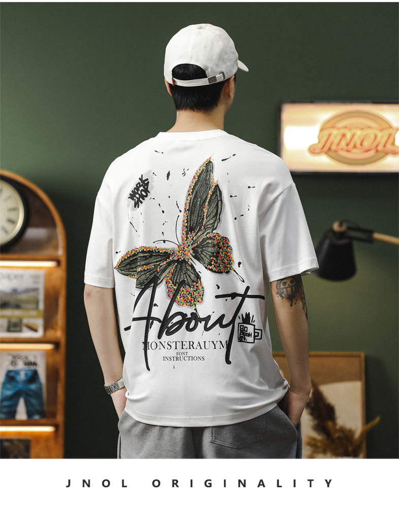GorgeousBen Mottled butterfly counter high-end pure cotton heavyweight short sleeved T-shirt men's new top loose half sleeved T-shirt men.