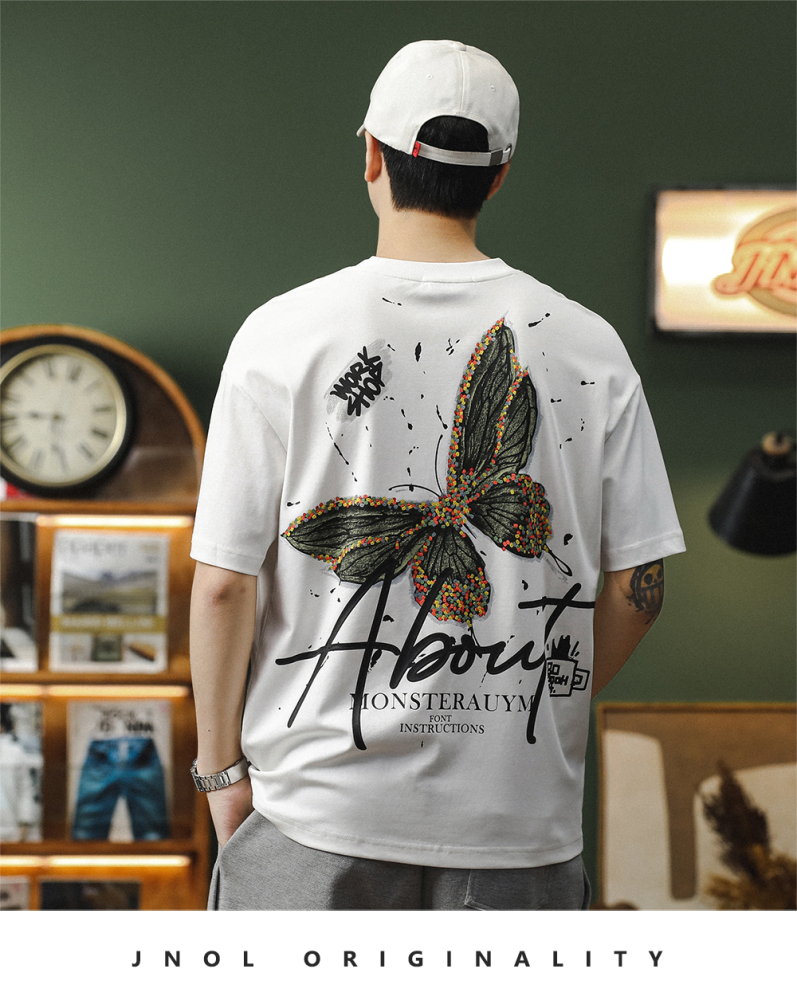 GorgeousBen Mottled butterfly counter high-end pure cotton heavyweight short sleeved T-shirt men's new top loose half sleeved T-shirt men.