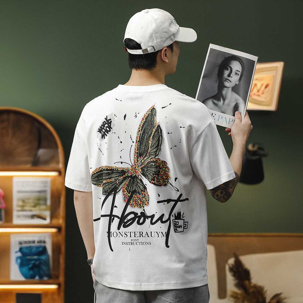 GorgeousBen Mottled butterfly counter high-end pure cotton heavyweight short sleeved T-shirt men's new top loose half sleeved T-shirt men.