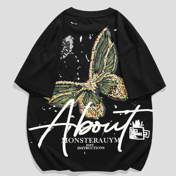 GorgeousBen Mottled butterfly counter high-end pure cotton heavyweight short sleeved T-shirt men's new top loose half sleeved T-shirt men.