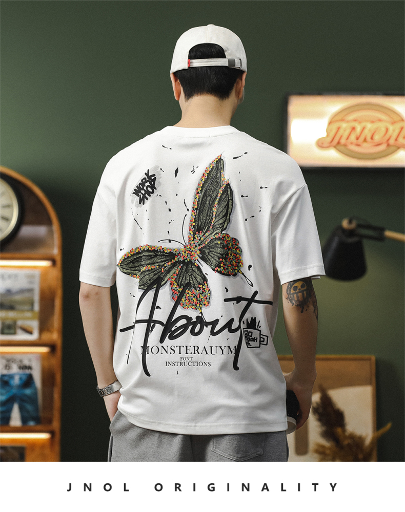 GorgeousBen Mottled butterfly counter high-end pure cotton heavyweight short sleeved T-shirt men's new top loose half sleeved T-shirt men.