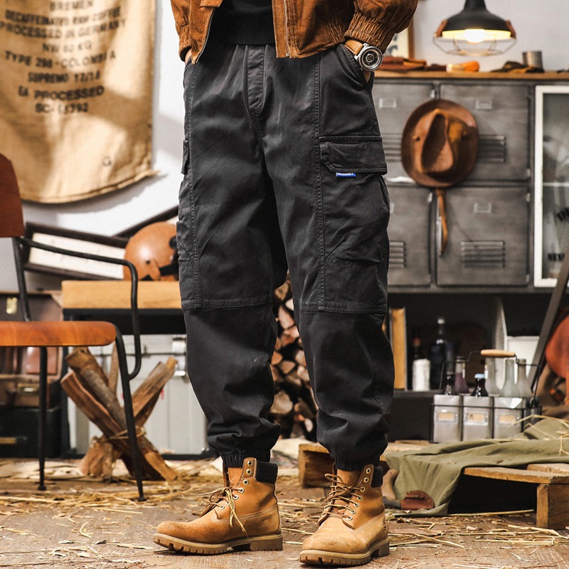 GorgeousBen American retro heavyweight workwear pants for men's autumn outdoor functional multi pocket paratrooper pants, loose casual ankle pants.