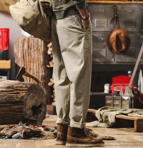 GorgeousBen  Work pants men's spring 2025 new style American retro simple pants loose straight leg casual pants men.