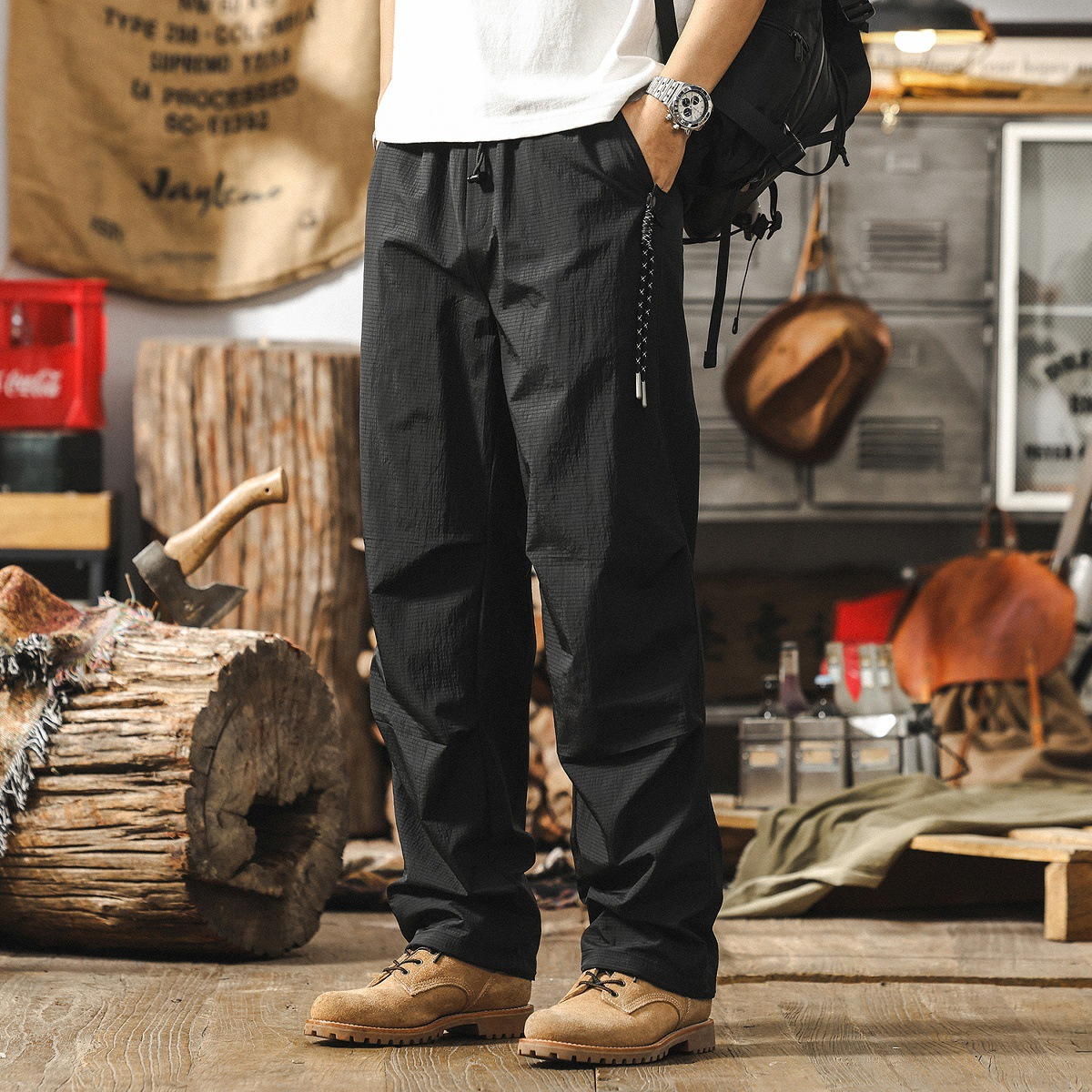 GorgeousBen  American style outdoor functional thin workwear pants for men, summer retro oversized straight leg paratrooper pants for men, casual pants.