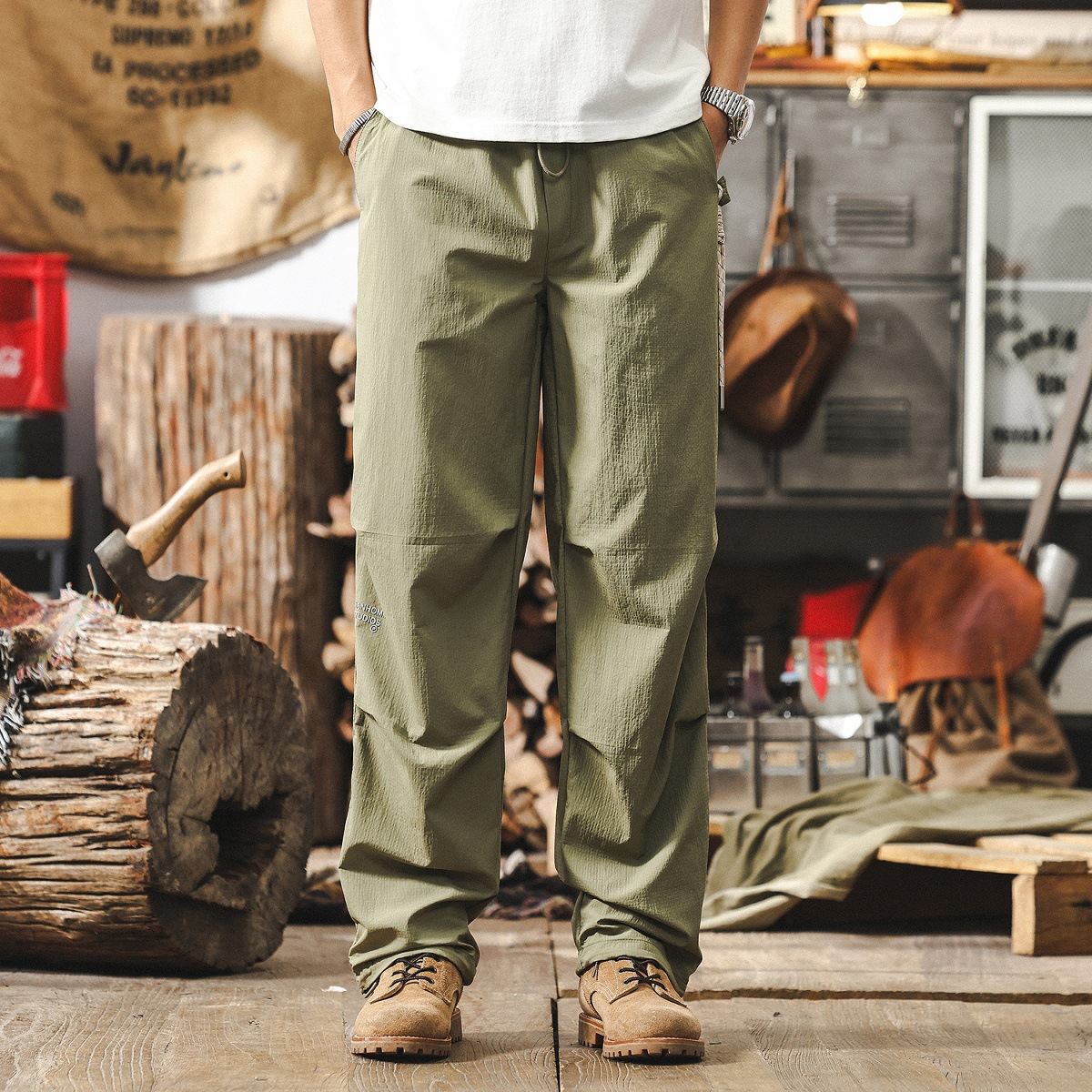 GorgeousBen  American style outdoor functional thin workwear pants for men, summer retro oversized straight leg paratrooper pants for men, casual pants.
