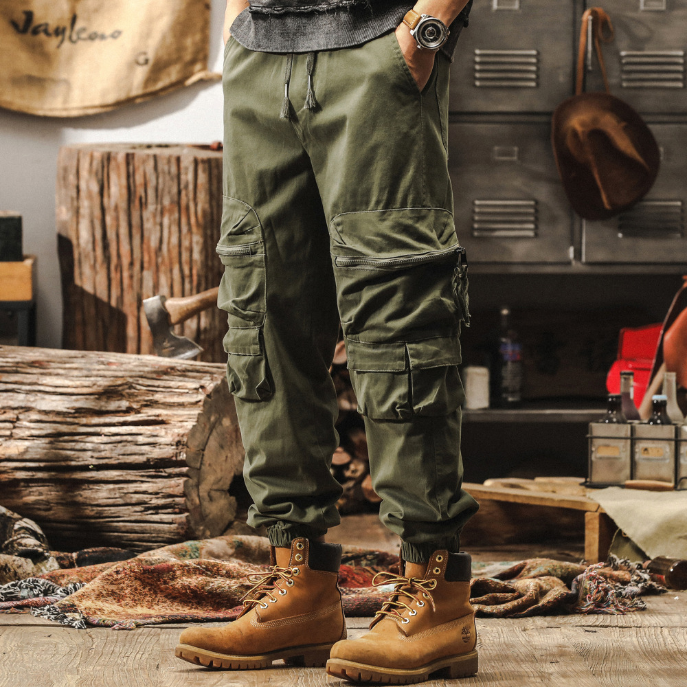 GorgeousBen American retro multi pocket military green work pants men's spring trendy brand loose ankle pants outdoor tactical casual pants.