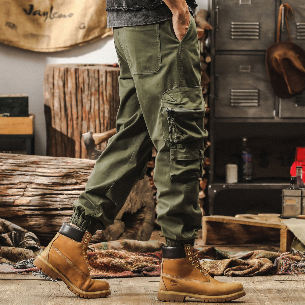 GorgeousBen American retro multi pocket military green work pants men's spring trendy brand loose ankle pants outdoor tactical casual pants.