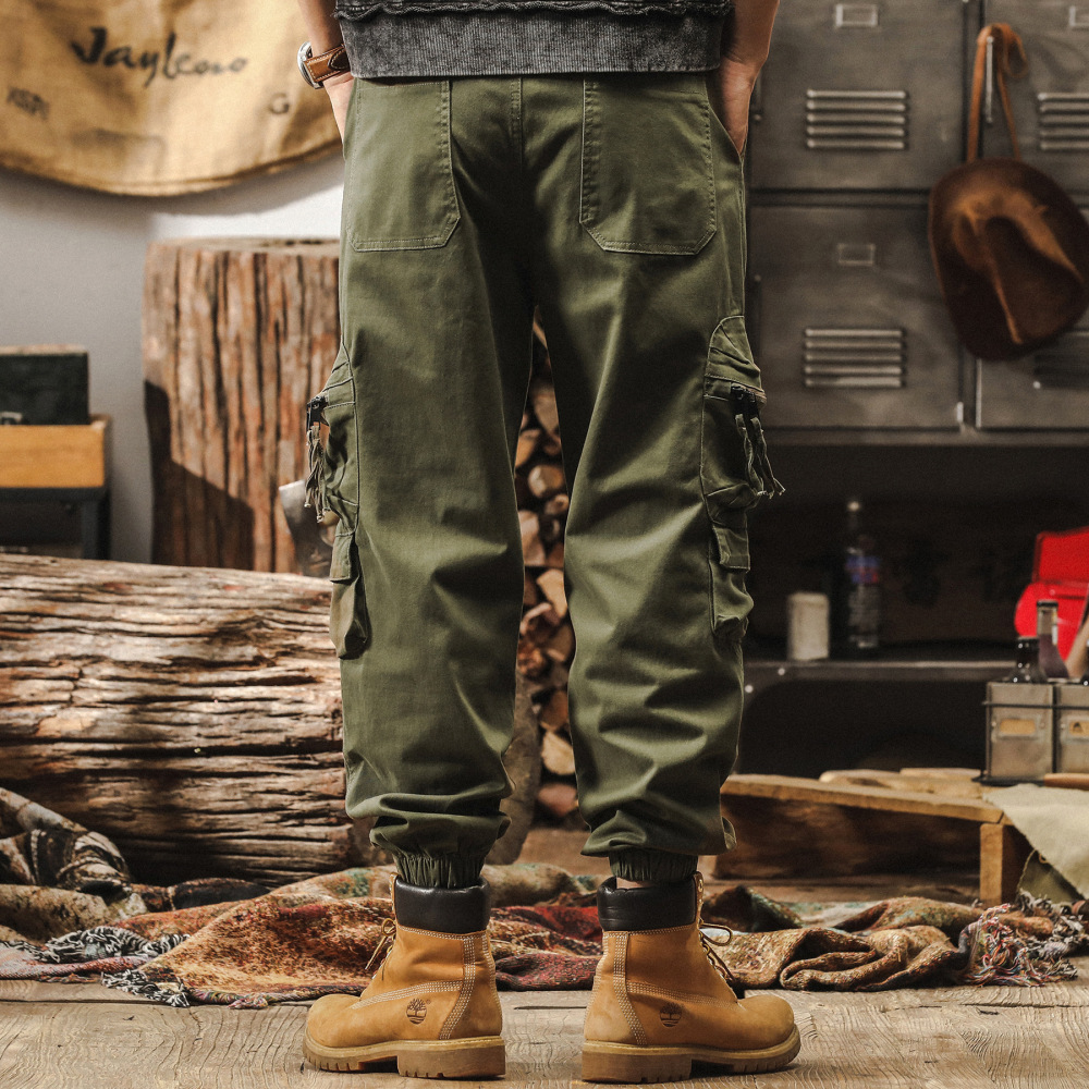 GorgeousBen American retro multi pocket military green work pants men's spring trendy brand loose ankle pants outdoor tactical casual pants.