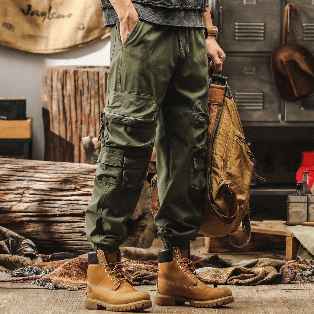 GorgeousBen American retro multi pocket military green work pants men's spring trendy brand loose ankle pants outdoor tactical casual pants.