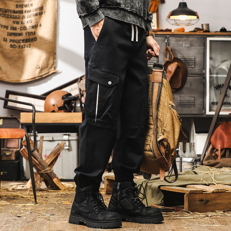 GorgeousBen American retro outdoor work pants men's autumn trendy brand multi pocket loose ankle casual pants men's black pants.