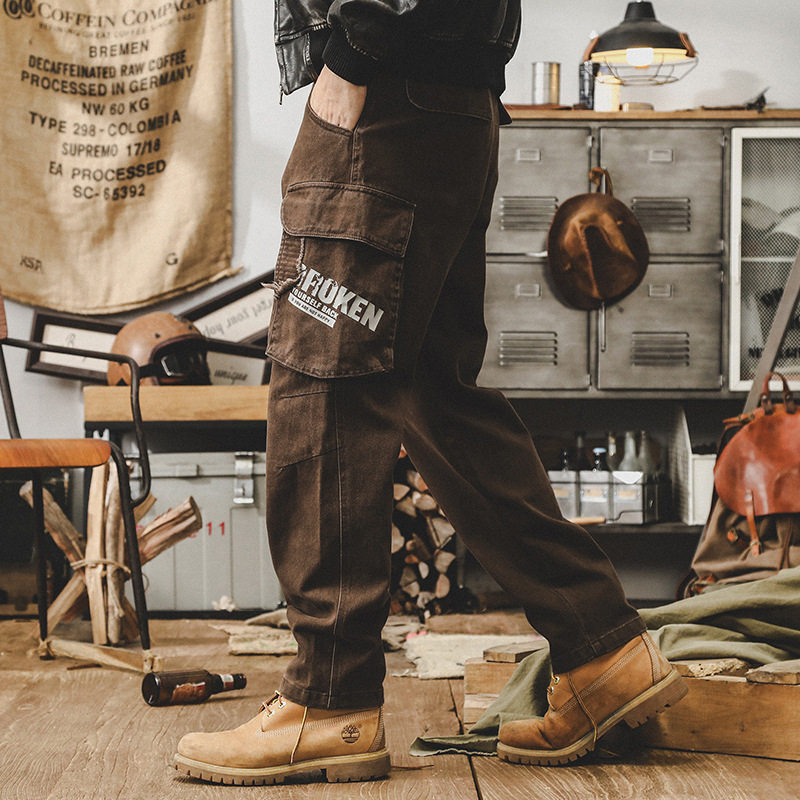GorgeousBen American retro work pants men's autumn trendy brand multi pocket loose oversized embroidered pants men's style.