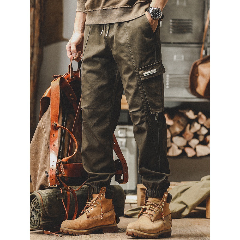 American retro work pants men's autumn straight tube loose fit military green trendy brand ankle tied casual long pants men