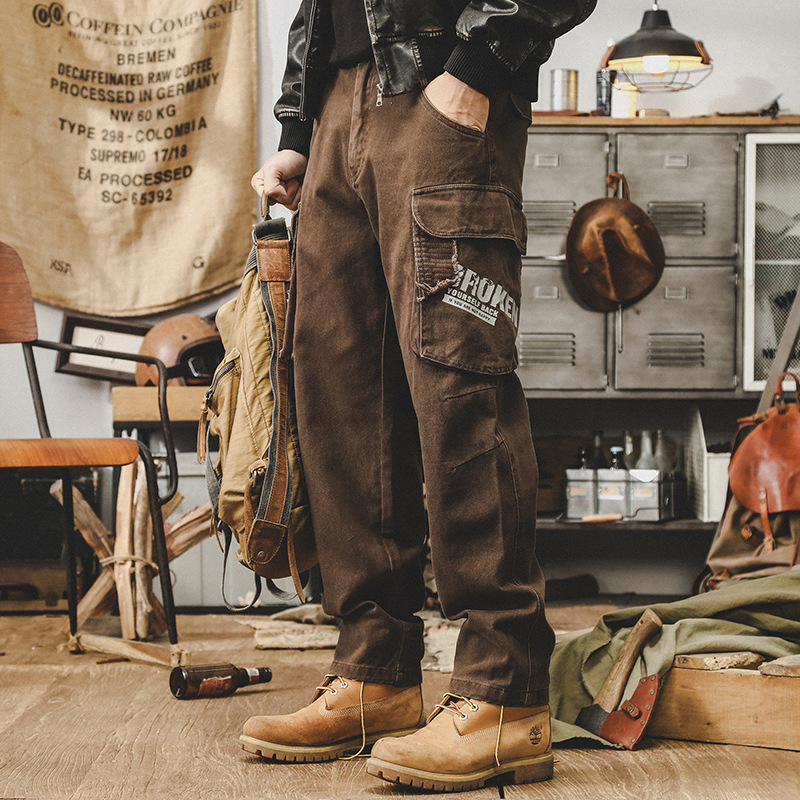 GorgeousBen American retro work pants men's autumn trendy brand multi pocket loose oversized embroidered pants men's style.