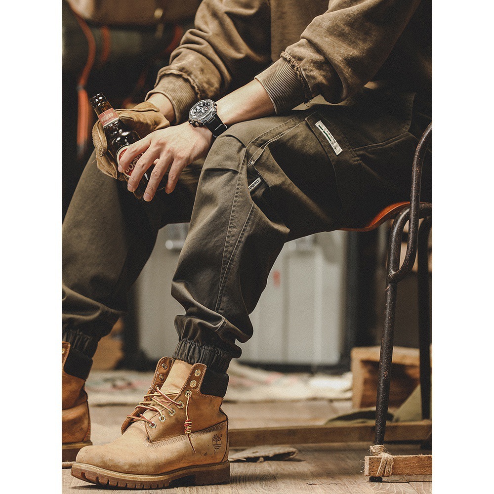 American retro work pants men's autumn straight tube loose fit military green trendy brand ankle tied casual long pants men