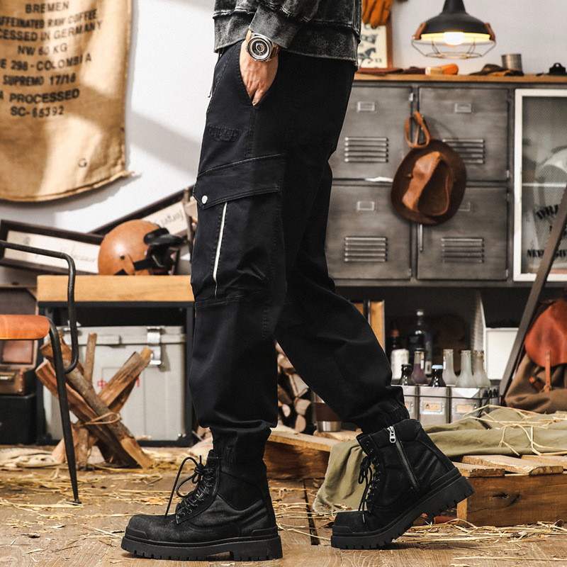 GorgeousBen American retro outdoor work pants men's autumn trendy brand multi pocket loose ankle casual pants men's black pants.