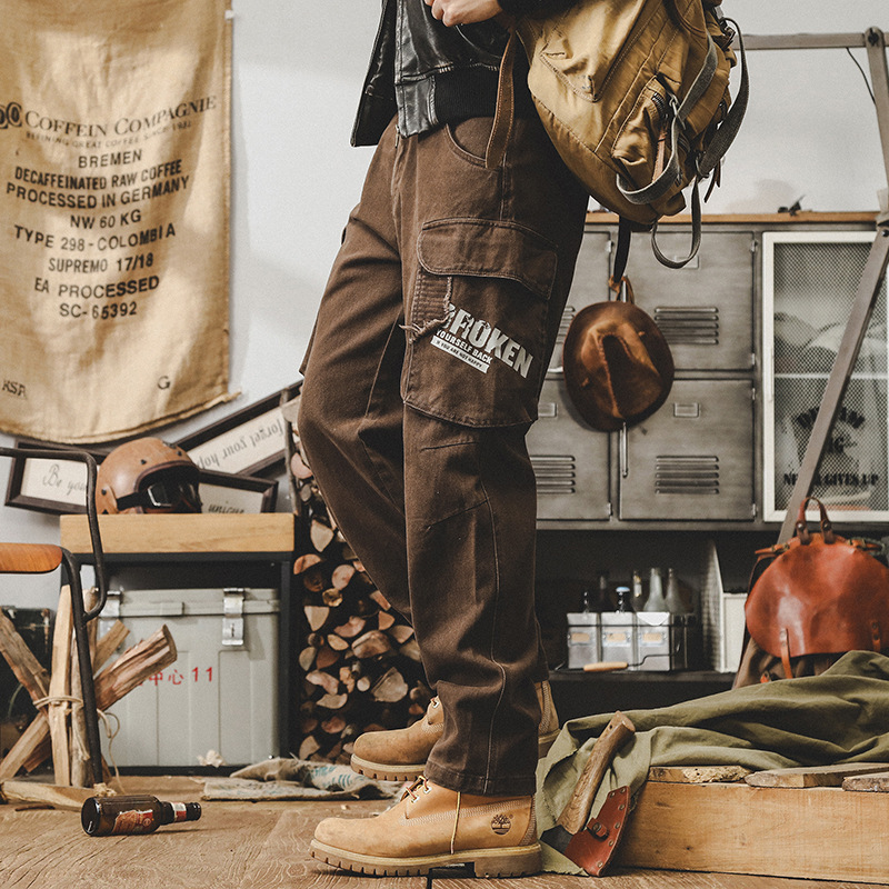 GorgeousBen American retro work pants men's autumn trendy brand multi pocket loose oversized embroidered pants men's style.