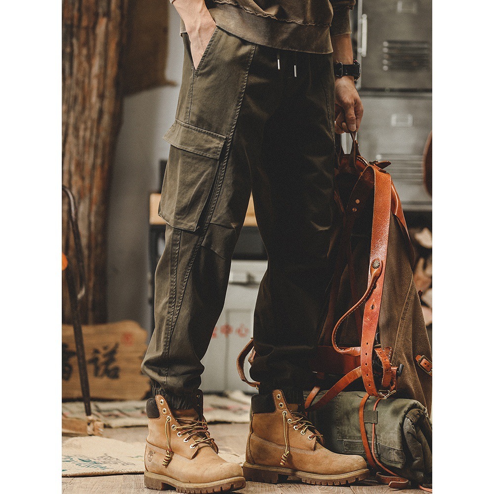 American retro work pants men's autumn straight tube loose fit military green trendy brand ankle tied casual long pants men