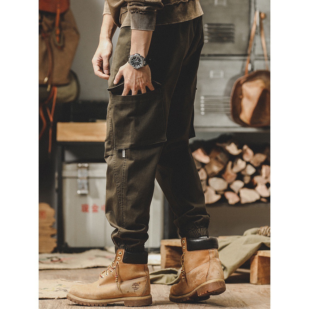 American retro work pants men's autumn straight tube loose fit military green trendy brand ankle tied casual long pants men