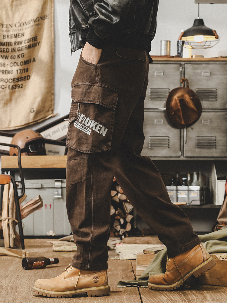 GorgeousBen American retro work pants men's autumn trendy brand multi pocket loose oversized embroidered pants men's style.