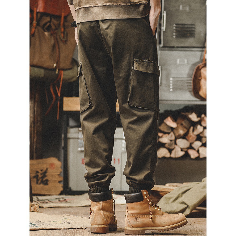 American retro work pants men's autumn straight tube loose fit military green trendy brand ankle tied casual long pants men