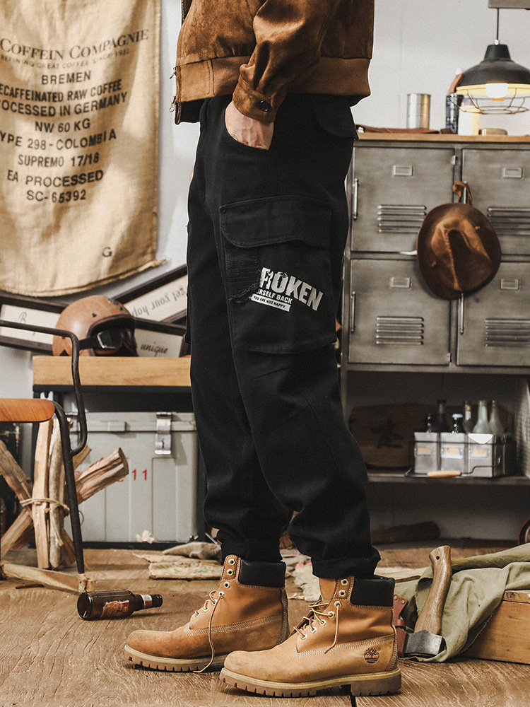 GorgeousBen American retro work pants men's autumn trendy brand multi pocket loose oversized embroidered pants men's style.