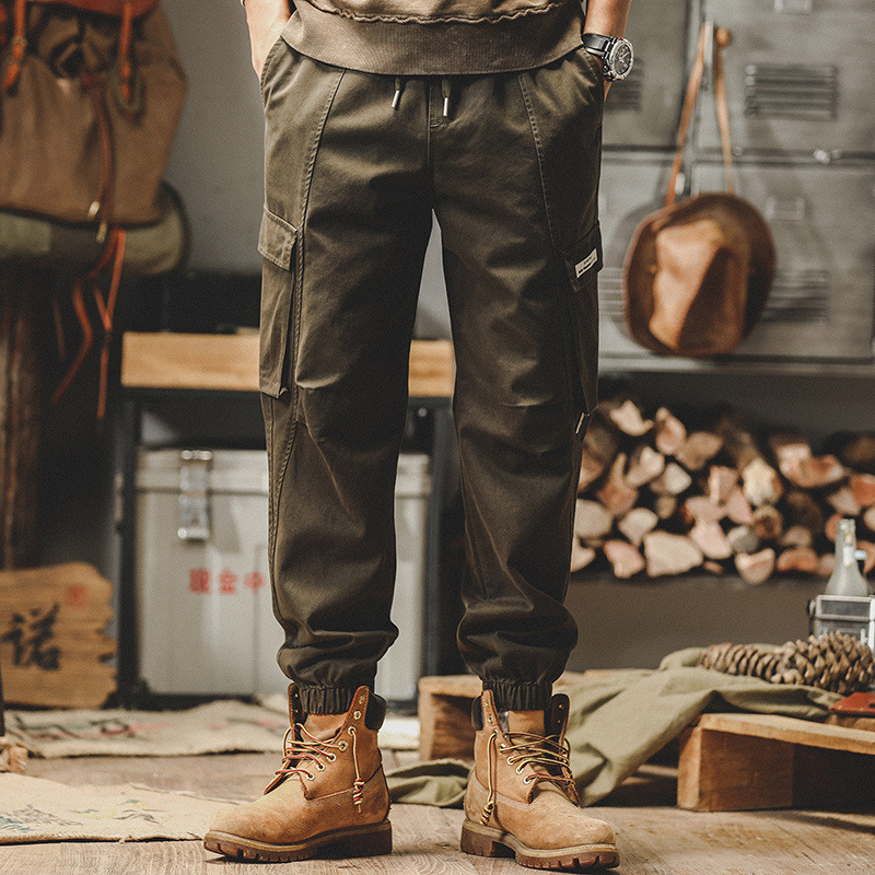 American retro work pants men's autumn straight tube loose fit military green trendy brand ankle tied casual long pants men