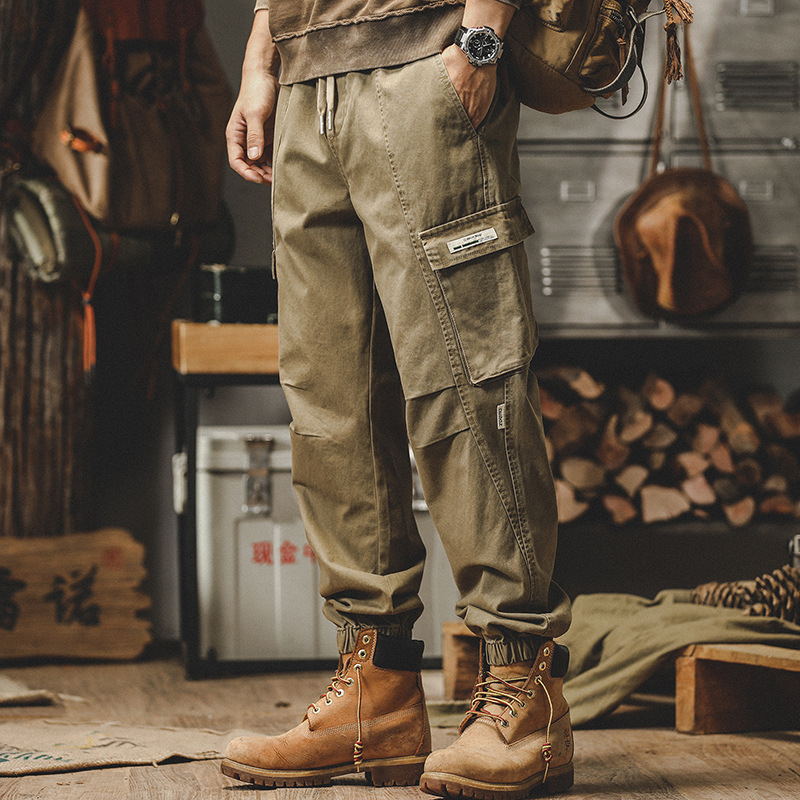 American retro work pants men's autumn straight tube loose fit military green trendy brand ankle tied casual long pants men
