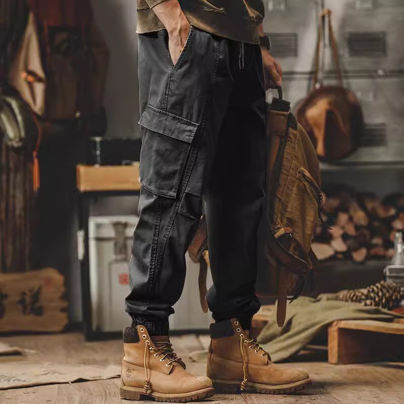 American retro work pants men's autumn straight tube loose fit military green trendy brand ankle tied casual long pants men