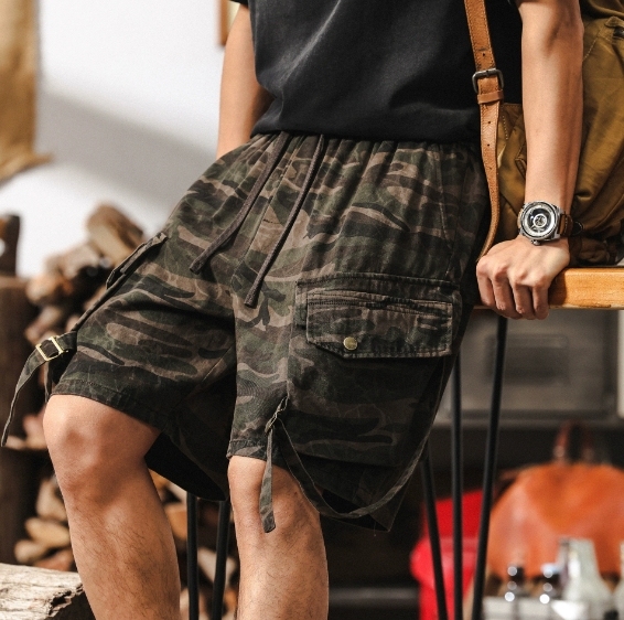 GorgeousBen American retro camouflage workwear shorts men's summer 2025 new trendy brand tactical hunting outfit loose straight leg five quarter pants.