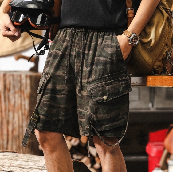 GorgeousBen American retro camouflage workwear shorts men's summer 2025 new trendy brand tactical hunting outfit loose straight leg five quarter pants.