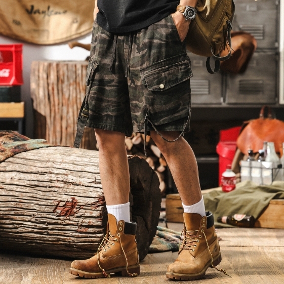 GorgeousBen American retro camouflage workwear shorts men's summer 2025 new trendy brand tactical hunting outfit loose straight leg five quarter pants.