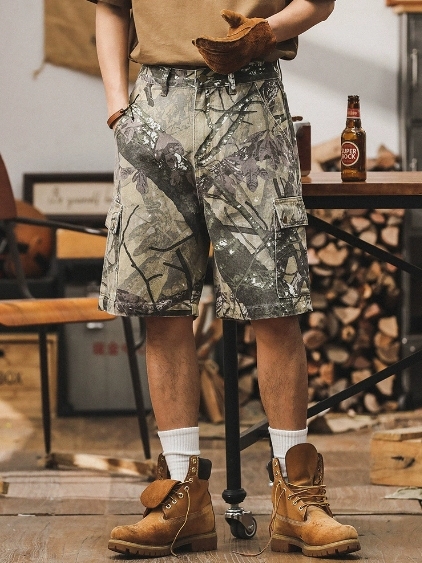 GorgeousBen American camouflage workwear shorts men's 2025 new loose oversized casual mid pants summer men's trendy brand five quarter pants.