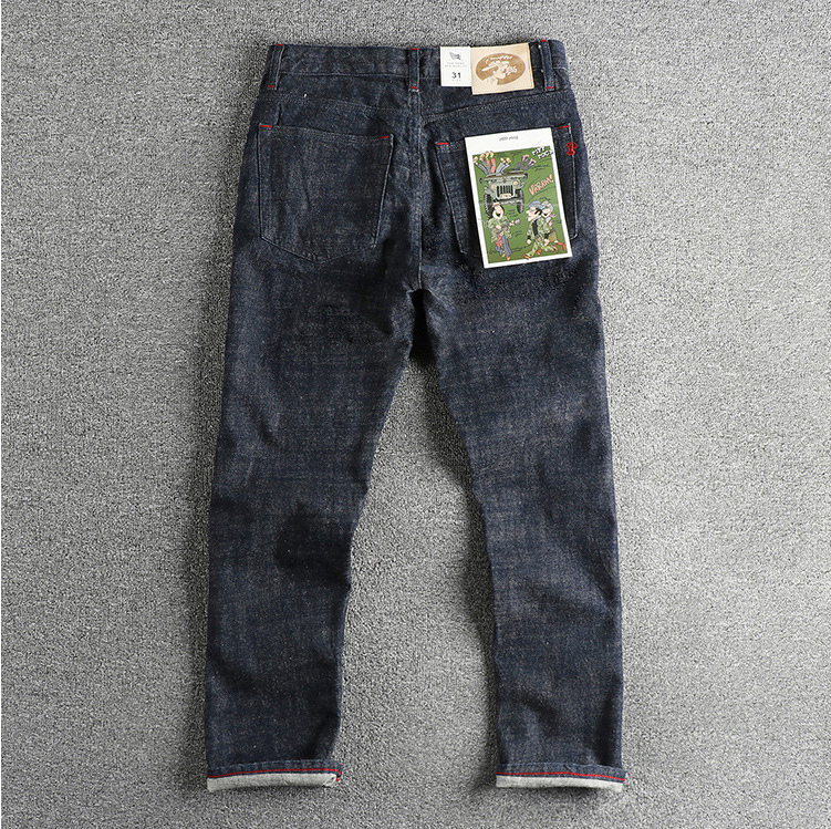GorgeousBen Heavy 14oz Bamboo Knot Khmer American Retro Red Eared Jeans for Men, Denim and Cattle Raising Style, Youth Small Straight Pants
