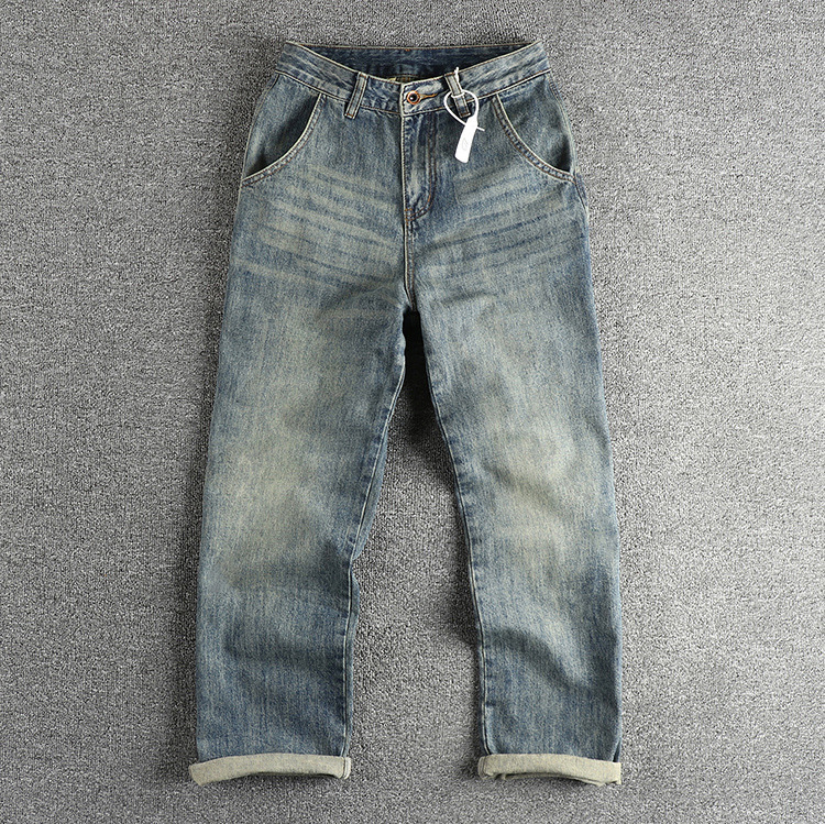 GorgeousBen Spring new double bone edge design American retro loose straight leg jeans men's washed vintage blue pants