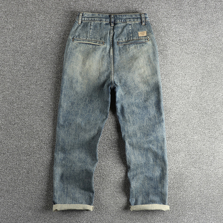 GorgeousBen Spring new double bone edge design American retro loose straight leg jeans men's washed vintage blue pants