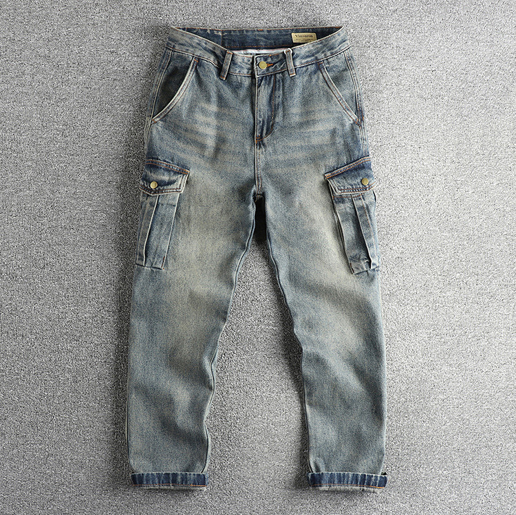 GorgeousBen Retro blue washed vintage Hong Kong trend flowing workwear jeans men's loose tapered versatile youth pants boots pants