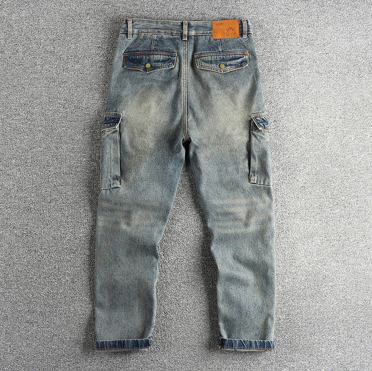 GorgeousBen Retro blue washed vintage Hong Kong trend flowing workwear jeans men's loose tapered versatile youth pants boots pants