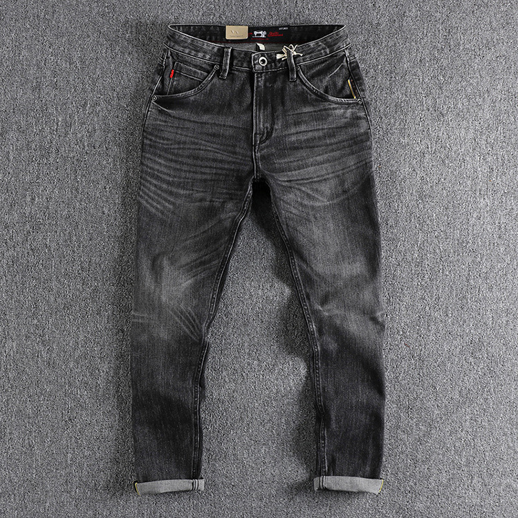 GorgeousBen Retro Black gray washed distressed color trimmed red ear denim jeans for men, straight leg American retro casual long pants