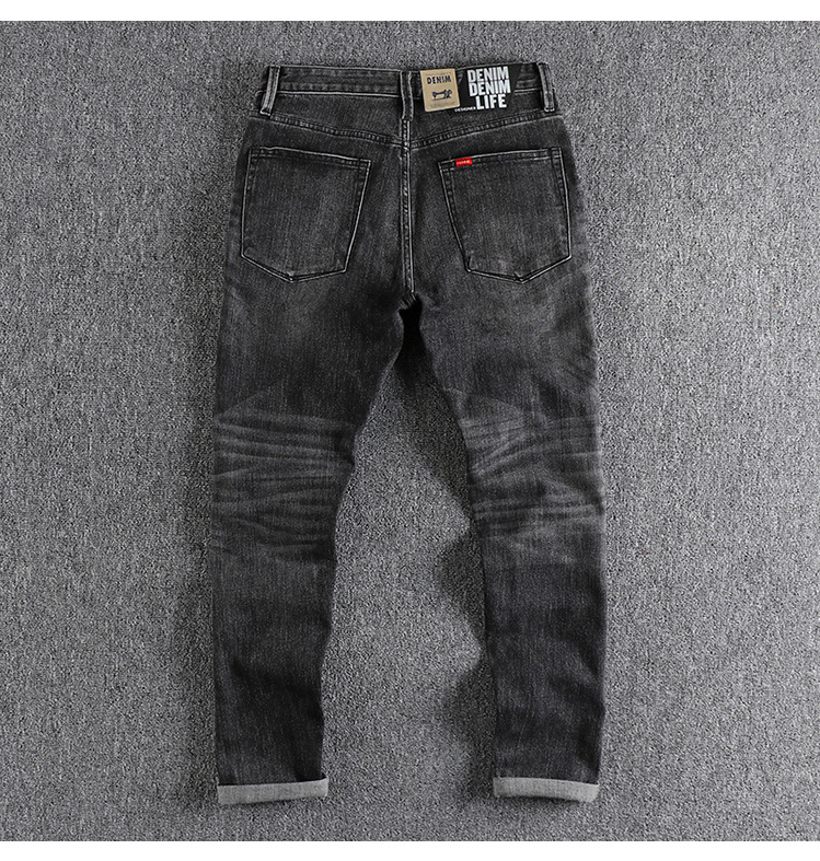 GorgeousBen Retro Black gray washed distressed color trimmed red ear denim jeans for men, straight leg American retro casual long pants