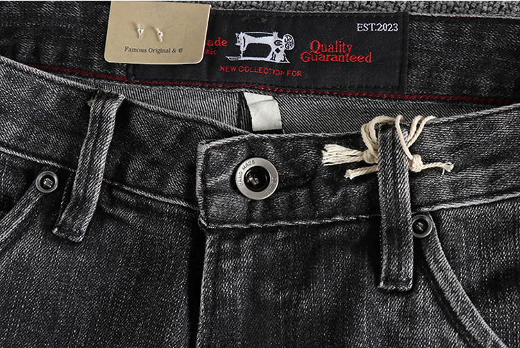 GorgeousBen Retro Black gray washed distressed color trimmed red ear denim jeans for men, straight leg American retro casual long pants
